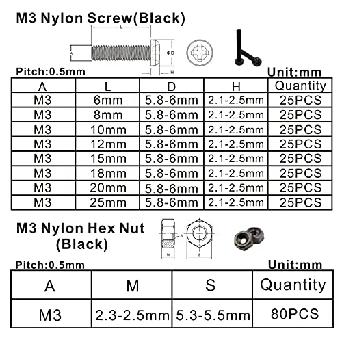 Metric M3 Black Nylon Phillips Pan-Head Screws, Nuts & Washers Kit - color: Black-M3