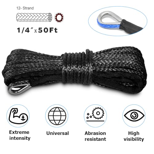 1/4'' x 50 Ft Car Synthetic Winch Rope Kit, 10000LBS Heavy Duty Vehicle Winch Cable with Protecting Sleeve and Thimble, Automotive Accessories, Universal for Off Road ATV UTV (Black) - color: Black/1/4''x50Ft