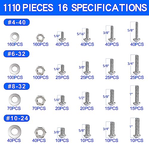 1110PCS Nuts and Bolts Assortment Kit, Stainless Steel Hardware Assortment Kit with Assorted Screws, Nuts, Bolts and Washers(#4-40#6-32#8-32#10-24)