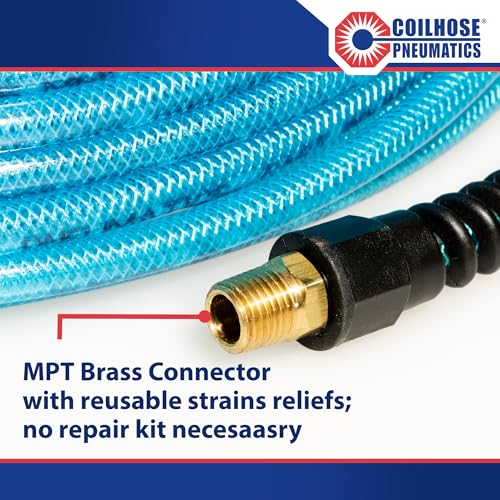 Coilhose Pneumatics PFE60254T Flexeel Reinforced Polyurethane Air Hose, 3/8-Inch ID, 25-Foot Length with (2) 1/4-Inch MPT Reusable Strain Relief Fittings, Transparent Blue - color: Transparent Blue, size: 3/8" X 25 Feet, 1/4" FTG