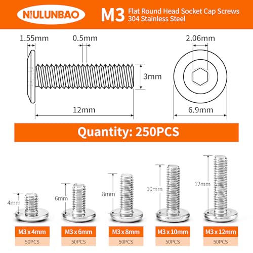 M3 x 4mm 6mm 8mm 10mm 12mm Flat Round Head Hex Socket Cap Screws Bolts, Furniture Screws, 304 Stainless Steel, Metric Fully Threaded, Allen Hex Drive, Bright Finish, Assortment Kit 250PCS - size: M3 x 4/6/8/10/12mm (250PCS)