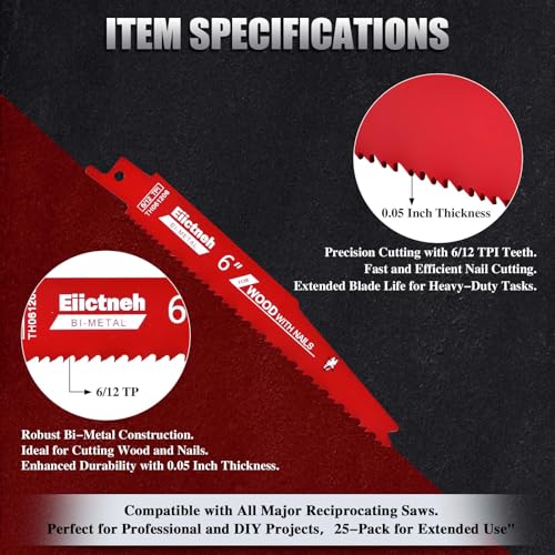 25 Pack 6 Inch 6/12 TPI Reciprocating Saw Blades for Nail-Embedded Wood - size: 6 Inch