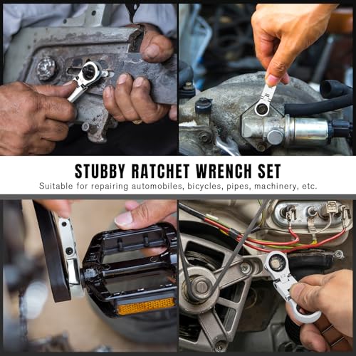 LOSCHEN 5-Piece Flex-Head Stubby Ratcheting Combination Wrench Set, Mini Double Box End, SAE 1/4 3/8 5/16 7/16 1/2 9/16 11/16 5/8 3/4 13/16, 72-Teeth, CR-V Steel - size: SAE