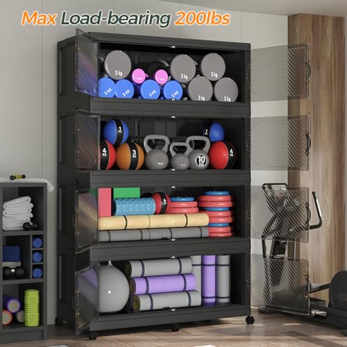 1200QT Large Plastic Storage Boxes with Wheels & Lid, 300GAL Stackable Closet Organizers, Collapsible Folding Cabinet for Home Office Kitchen, 5Pack Black - color: Black