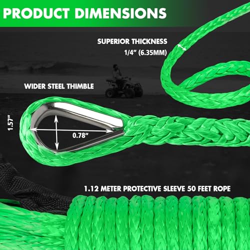Synthetic Winch Rope, 1/4'' x 50ft 10,000LBS Synthetic Winch Line 1/4 Winch Cable Replacement Synthetic Rope for 4WD Off Road Vehicle ATV UTV (Green) - color: Green, size: 1/4 Inch x 50 Feet,without hook