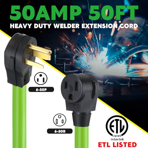 Kanayu 50FT 50Amp 6AWG NEMA 6-50P to 6-50R Welder Extension Cord 50Amp Power Extension for Welding Machines 50A 250Volt 3-Prong 6 Gauge Heavy Duty Welding Cable, ETL Listed - color: Green, size: 50 ft