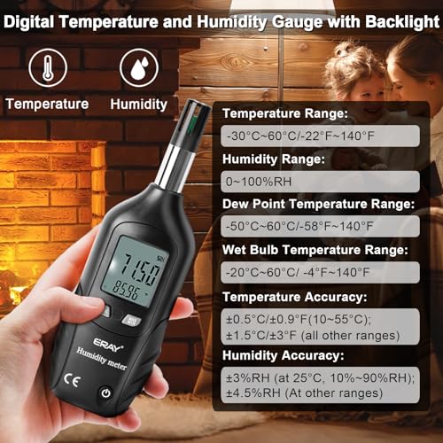 ERAY Digital Psychrometer Thermometer Hygrometer with Backlight - color: Black