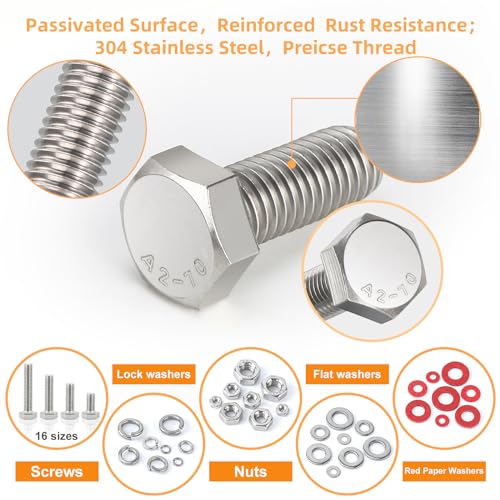 780pcs Hex Bolts and Nuts kit, 304 Stainless Steel M6 M5 M4 M3 Metric Bolt Assortment (Lock & Flat Washers), Stainless Steel Bolts and Nuts kit, Metric Screw Assortment - size: M6 M5 M4 M3