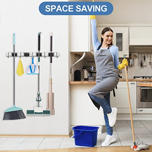 IMILLET Broom Holder Wall Mount Stainless Steel Mop Organizer - color: Stainless Steel - 4 Racks with 5 Hooks, size: 1 Pack