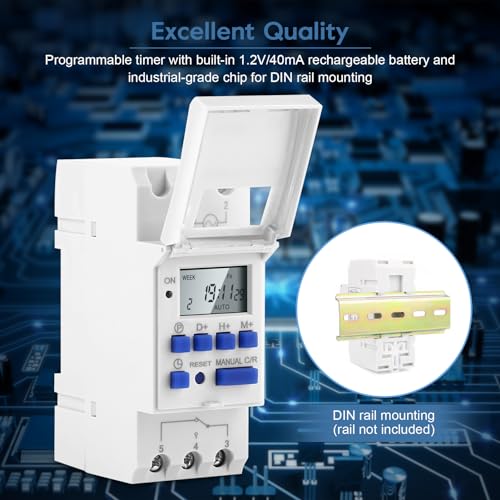 Yosoo Health Gear DIN Rail Digital Programmable Timer Relay Switch, 110V, 16A, 8 Settings, LCD Display