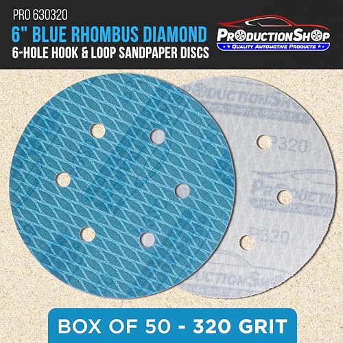 ProductionShop Premium 320 Grit 6" Rhombus Diamond Shape Blue Sanding Discs, 6-Hole, Box of 50 - Hook & Loop Anti-Clogging J-Cloth Dustless Sandpaper for Random Orbital Sanders, Sand Auto Paint, Wood - style: 320 Grit