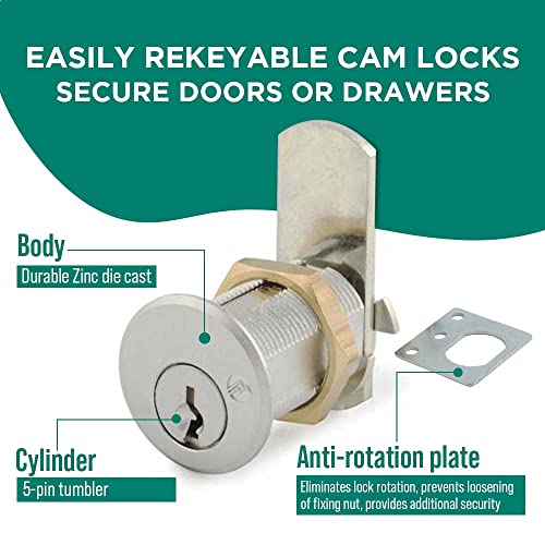 Olympus Lock DCN1 Rekeyable Cam Lock | 1" Cylinder KD Keyed Different | US26D Chrome Cabinet Lock | Grade 1 Reversible for Doors & Drawers