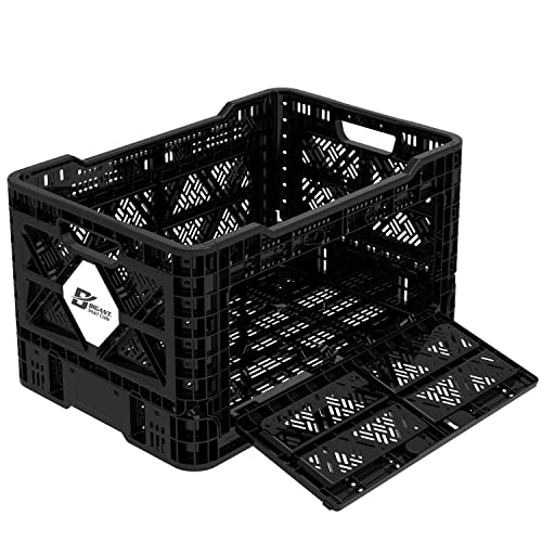 Bigant Heavy Duty Collapsible & Stackable Plastic Milk Crate-Medium Size, Black, Stackable Open Front Organizer, Set of 1, Snap Lock Foldable Industrial Garage Storage Bin Container Utility Basket