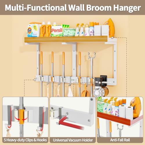 Broom and Mop Organizer Wall Hanging, Broom Hanger Holder Wall Mount - color: White