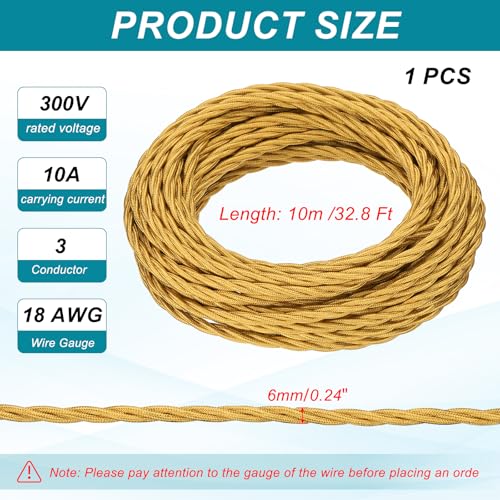 MECCANIXITY 32.8Ft Twisted Cloth Covered Wire, 18/3 Cloth Covered Electrical Wire Vintage Industrial Electronic Wire Cloth Cord Cable for Pendant Light DIY Project, Golden - color: Golden, size: 32.8Ft