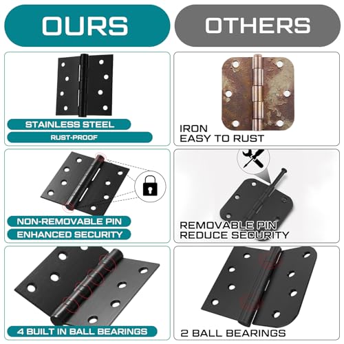 6 Pack Black 4'' Ball Bearing Door Hinges, 4 x 4 Inch Exterior Door Hinge - color: Black