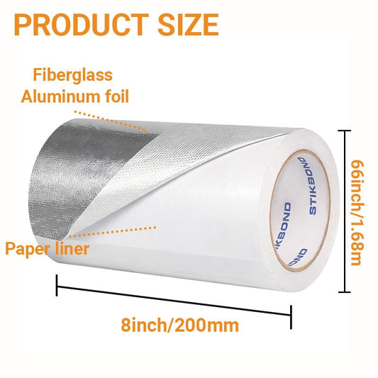 1Roll Self-Adhesive Aluminum Foil Heat Reflective Tape 8in x 66ft, Silver Heat ReflectiveTape, Fiberglass High Temp Thermal Insulation Reflective Material - size: 8inch