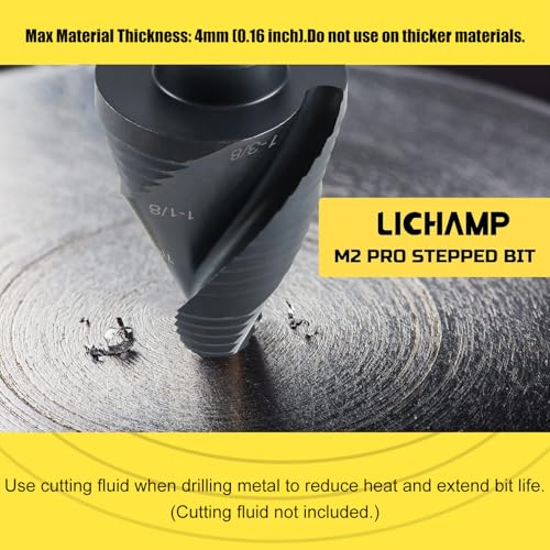 Lichamp Unibit Step Drill Bit for Metal, Genuine M2 Drill Stepper Bit for Hard Metal Heavy Duty, 19 Sizes from 3/16" to 1-3/8", Spiral Grooved with 3/8" Quick Change Drive, C3BK