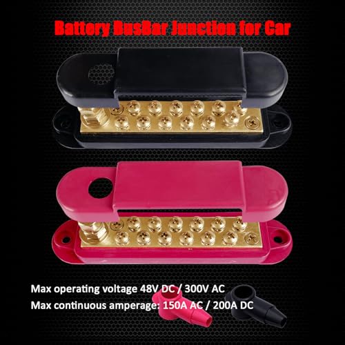 Ampper 1/4" Stud Brass Power Distribution Block BusBar 12 x #8 Screw, R & B - color: Red & Black, size: Brass