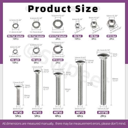 Swpeet 80Pcs 5 Sizes M6×30 M6×50 M8×50 M8×70 M10×80 304 Stainless Steel Carriage Bolts Screws Nuts Washers Assortment Kit, - color: 304G