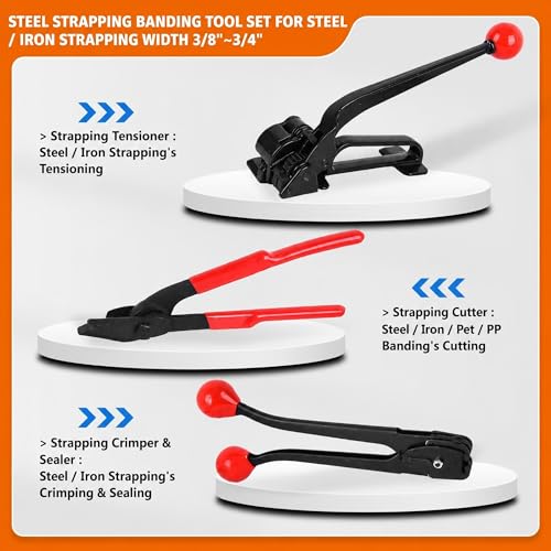Steel Banding Strapping Kit - Steel Banding Tool Metal Strapping Tool, Feedwheel Banding Tensioner, Strapping Sealer, Crimper, Cutter for 3/8"~3/4" Metel Strap Heavy Duty Packing
