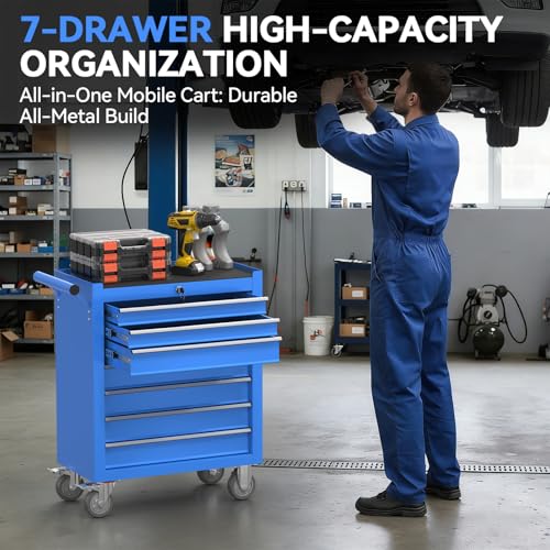 7-Drawer Rolling Tool Chest with Wheels, Metal Tool Storage Cabinet with Lock&Keys and Swivel, Toolbox with drawers, Tool Box for Warehouse,Garage, Repair Shop, Workshop (Blue, 7-Drawer) - color: Blue, size: 7-Drawer
