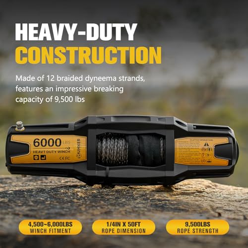 BUNKER INDUST 1/4" x 50' Synthetic Winch Rope,9500LBS ATV UTV Winch Cable with Protective Sleeve 50 FT Winch Line Replacement for 4500 to 6000LBS Winch, Black - color: black, size: 1/4inch x 50ft