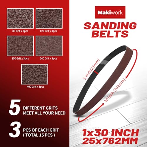 1 x 30 Inch 25 x 762 mm Sanding Belts Set - 15-Pack with 80/120/150/240/400 Grits, Aluminum Oxide Abrasive Belts for Woodworking - size: 1 x 30(15pcs)