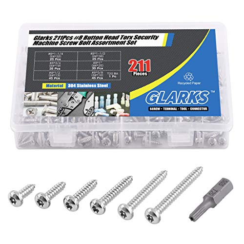 Glarks 211Pcs #8 x 1/2'' / 5/8'' / 3/4'' / 1" / 1-1/4'' / 1-1/2'' Button Head Torx Security Sheet Metal Screws Assortment Set, 6 Size Stainless Steel Tamper Resistant Screws with T20 Bit - size: 210pcs #8 screws set