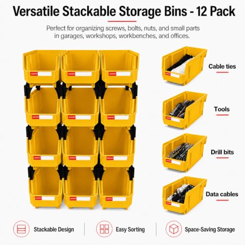 12 Pack Stackable Storage Bins Heavy Duty Parts Box Yellow - color: Yellow-12 Pack, size: 11"x5"x5"