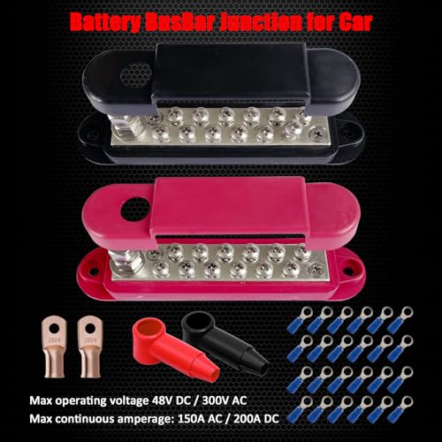 Ampper 1/4" Stud Power Distribution Block Bus Bar 12 x #8 Screw Kit, R & B - color: Red & Black, size: Plated Brass Kit