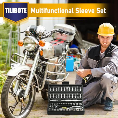 TILIBOTE Socket Wrench Set, 62PCS 1/4" Ratcheting Wrench Set With 72 Tooth count Ratchet, SAE & Metric From 5/32" - 9/16 ", 4mm - 14mm,tool Set For home And car,motorcycle,bike Repair - size: 1/4