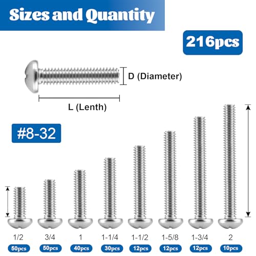 216PCS #8-32 Machine Screws Phillips Pan Head Bolts Nut Assortment Kit - size: SS #8-32 216PCS