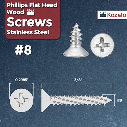 50pcs Phillips Wood Screws #8x3/8 304 Stainless Steel Silver - color: Silver, size: #8x3/8"