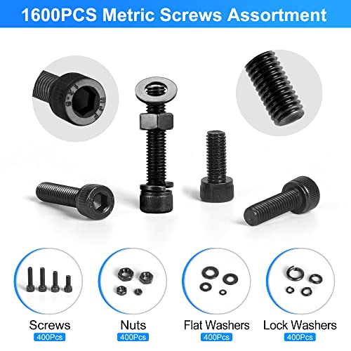 SATANTECH 1600PCS Metric Screw Assortment M2 M3 M4 M5, Grade 12.9 Alloy Steel Metric Bolts and Nuts Assortment Kit, Hex Socket Head Cap Metric Machine Screws Nuts and Bolts and Flat&Lock Washers Set - color: Hex Socket Head