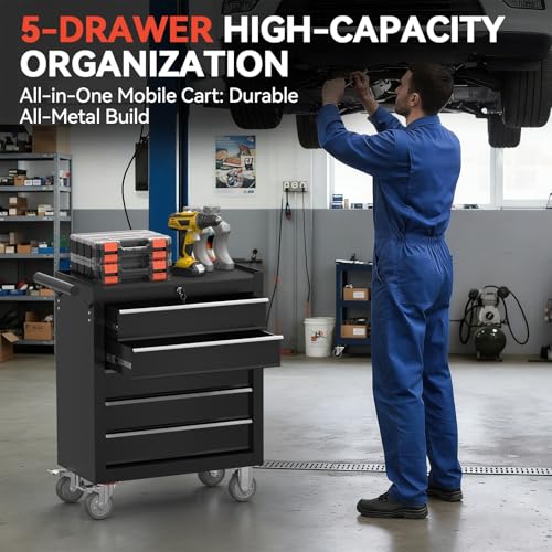 5-Drawer Rolling Tool Chest with Wheels, Metal Tool Storage Cabinet with Lock&Keys and Swivel, Toolbox with Drawers, Tool Box for Warehouse,Garage, Repair Shop, Workshop (Black, 5-Drawer) - color: Black, size: 5-Drawer