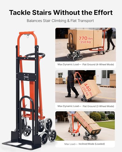 VEVOR 3 in 1 Industrial Convertible Stair Climbing Cart, 770 lbs Max Load, Folding Hand Truck Dolly with Handle & Wheels, Stair Climbing Utility Trolley for Transport & Moving, Orange & Silver - size: 63.7" x 17.9" x 35.8"