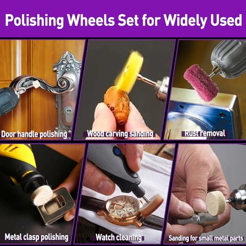 114 PCS Polishing Bits for Dremel, Abrasive Buffing Wheels 1/8 Inch Shank with 3Pcs Polishing Compound, Polishing Kit Rotary Tool Accessories for Metal Wood Watch Jewelry Glass Brass - style: 117 PCS