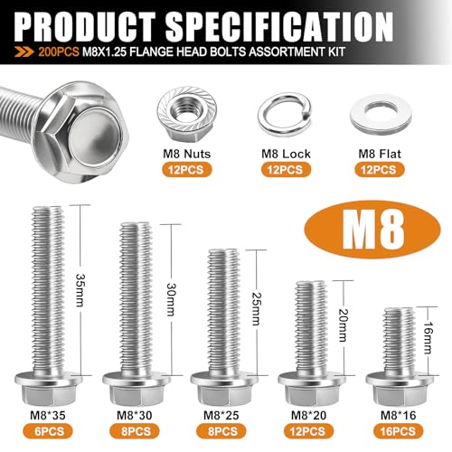 mankk 200PCS Flange Head Bolts Assortment Kit M8x1.25 Bolt (Length 16/20/25/30/35mm) Metric Bolt Stainless Steel Hex Head Bolts and Serrated Flange Nuts Kit Full Thread M8 Bolt - size: SS 200PCS M8 Kit