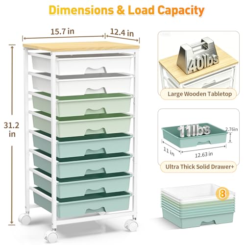 SUNALLY Rolling Cart With 8 Drawers,Storage Drawer Cart for Craft Art,Green - color: Green