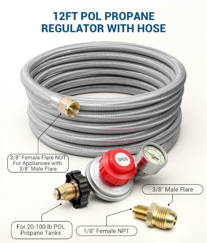 DPB 12FT Adjustable High Pressure Braided Propane Regulator with Hose - size: 12FT