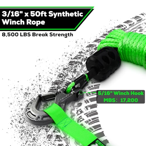 Synthetic Winch Rope Cable Kit, 3/16" x 50ft 8500LBS Green Winch Rope with Protective Sleeve, Forged Winch Hook, Rubber Stopper and Safety Pull Strap for ATV UTV - color: green, size: 3/16"x50ft
