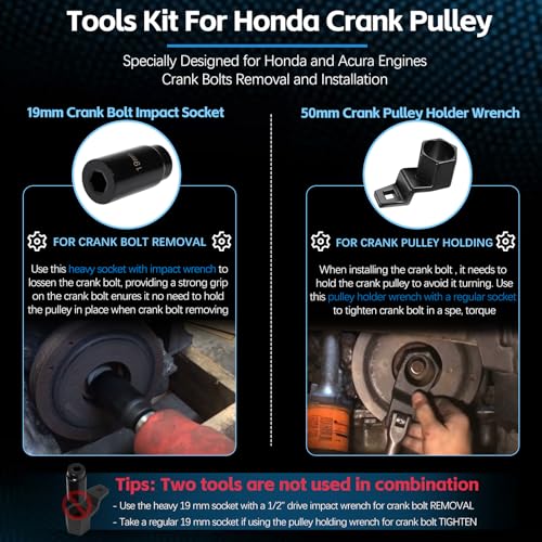 For Honda Crank Pulley Tool 19mm Harmonic Balancer Socket & 50mm Crankshaft Crank Pulley Wrench Holder Removal Holding Spanner Kit For Acura and Honda Engines, Deep Counter-Weighted Socket Tools