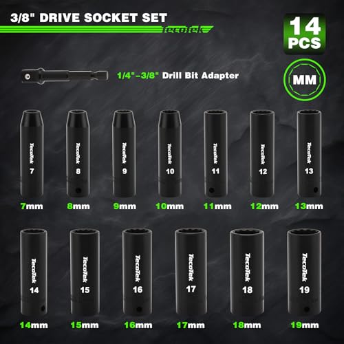 TecoTek 14 Pieces 3/8-Inch Drive Impact Socket Set, 12-Point, Metric, Deep, CR-V, 7mm to 19mm, Drill Socket Adapter 3/8" - size: 7mm-19mm(Deep)