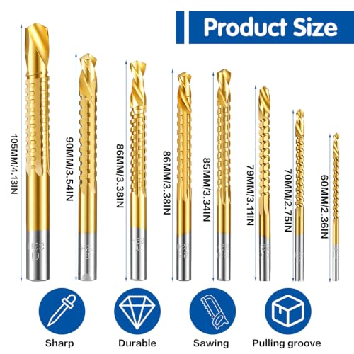 8 Pack HSS Step Drill Bits, 3-10mm Hex Shank Serrated Side Cutting Bit Set