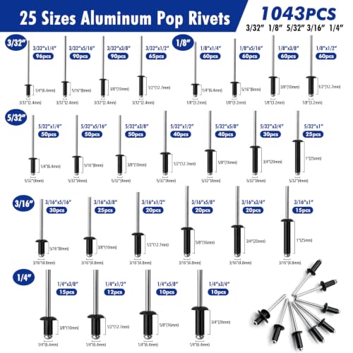 2086pcs Pop Rivet Assortment Kit with Washers, Black | Multiple Sizes, Organized Storage Box, Aluminum Body, Steel Mandrel, DIY & Repair Use - color: Black, size: 2080Pcs 3/32" 1/8" 5/32" 3/16" 1/4"