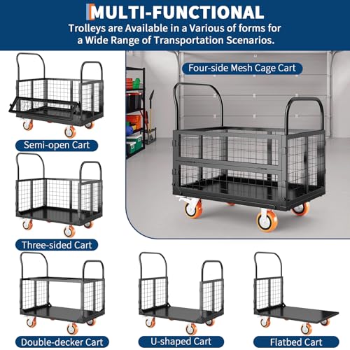 Platform Truck Cart with Cage, Multipurpose 6 in1 Foldable Flatbed Cart Heavy Duty Push Cart Dolly w/Swivel Wheels 1800Lbs Capacity Utility Hand Cart for Grocery, Laundry, Garage, Warehouse