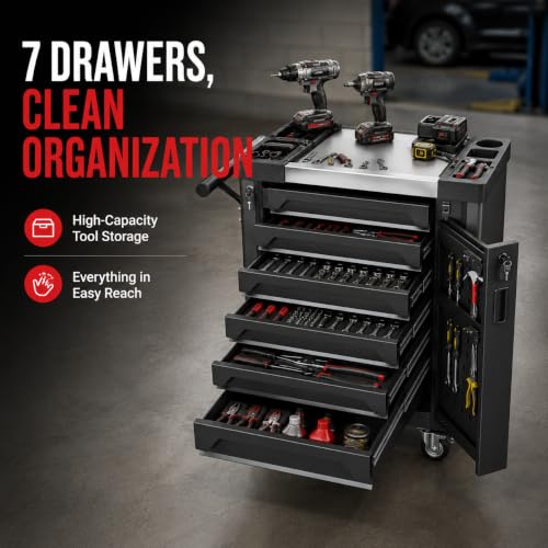 7-Drawer Rolling Tool Chest, Tool Box Lockable Metal Tool Cabinet with Side Storage Cabinet, Ball Bearing Slides Steel Organizer,Heavy-Duty Powder-Coated Tool Cart for Garage Workshope, Black