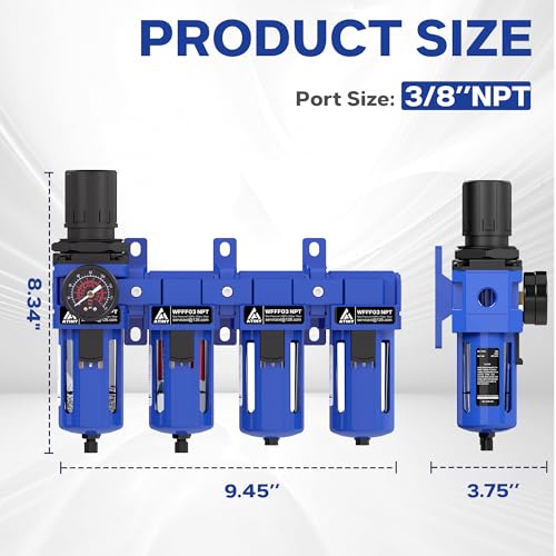 3/8" NPT 4 Stage Air Dryer for Compressor,Water Separator for Air Compressor,Brass Filter& Coalescing Filter,Double Desiccant Dryers & Air Regulator,Metal Bowl, Semi-Auto Drain (Blue) - size: 3/8" NPT