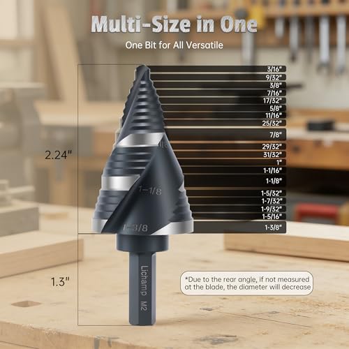 Lichamp M2 Step Drill Bit for Metal, 19 Sizes, 3/16" to 1-3/8", C1BK